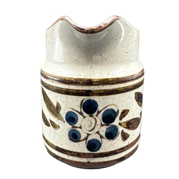 VTG Takahashi Stoneware BROWN w/ BLUE Floral Speckled 6” Pitcher MCM 32oz - Picture 3 of 7